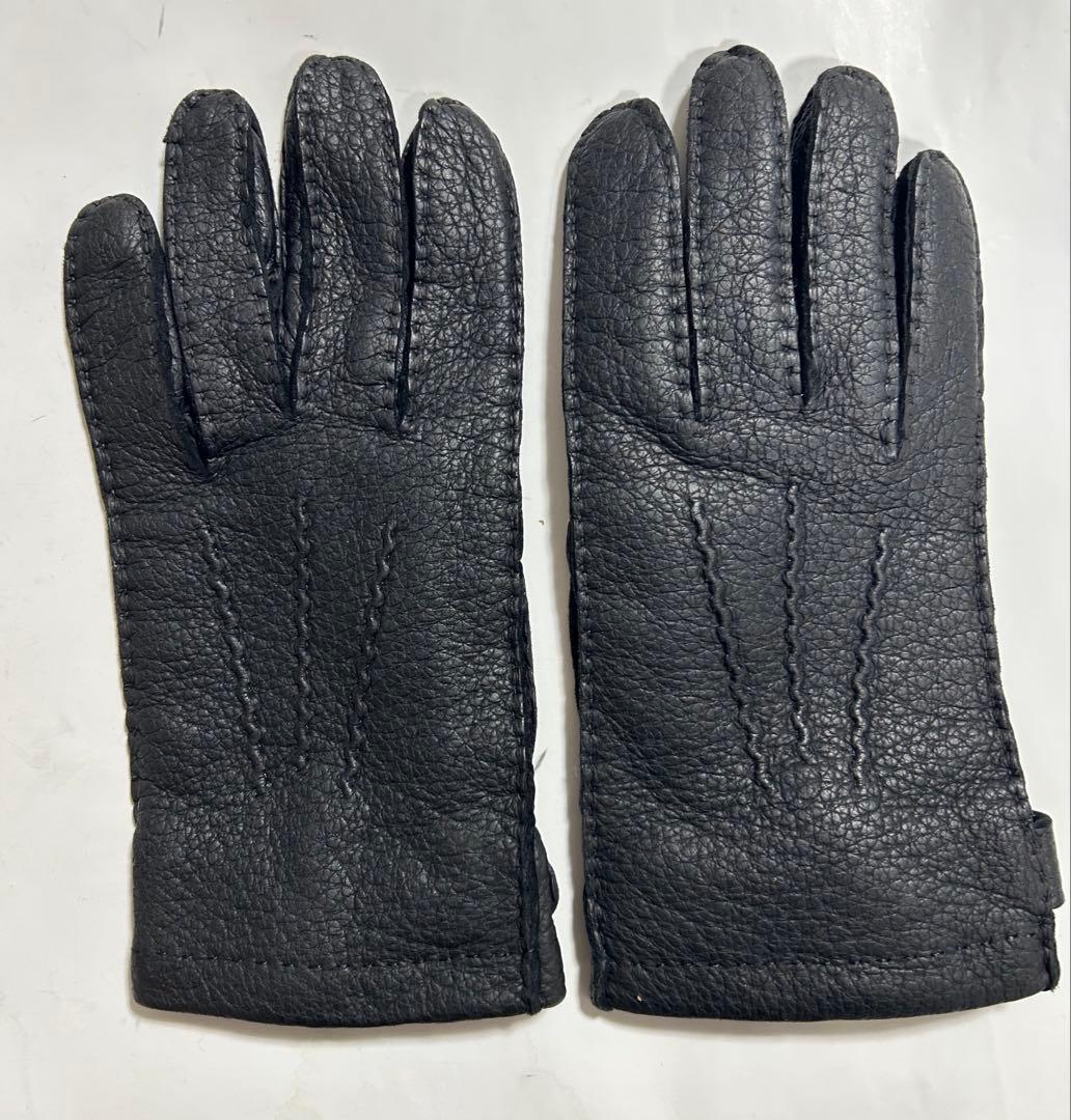 デンツ、ペッカリー、カシミアライニング黒手袋ストラップ型、美品、サイズ8 1/2