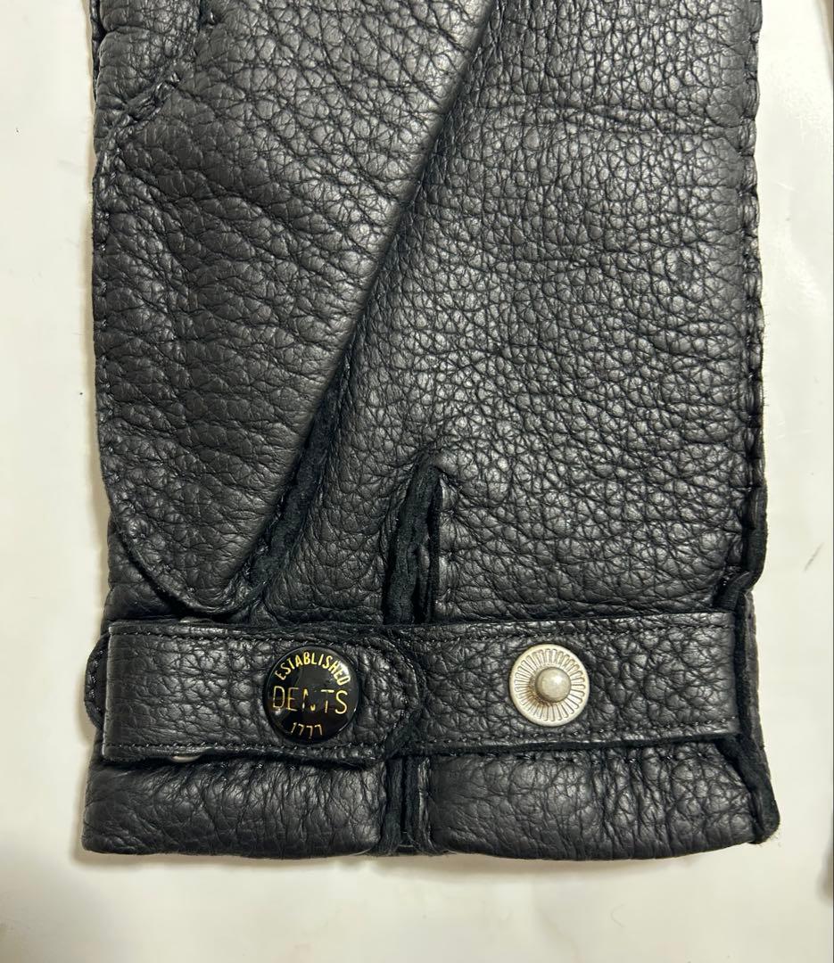 デンツ、ペッカリー、カシミアライニング黒手袋ストラップ型、美品、サイズ8 1/2