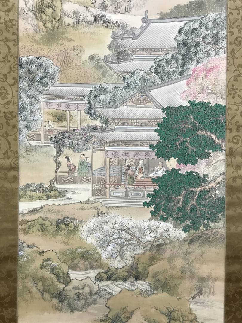 真作/鈴木百年/山水図/楼閣山水図/宮中図/掛軸☆宝船☆AH-693