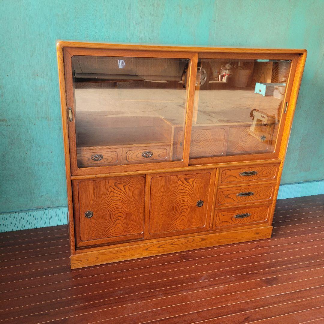 昭和レトロ 茶箪笥 水屋箪笥 ガラス戸収納棚 和家具 ヴィンテージ 店舗什器