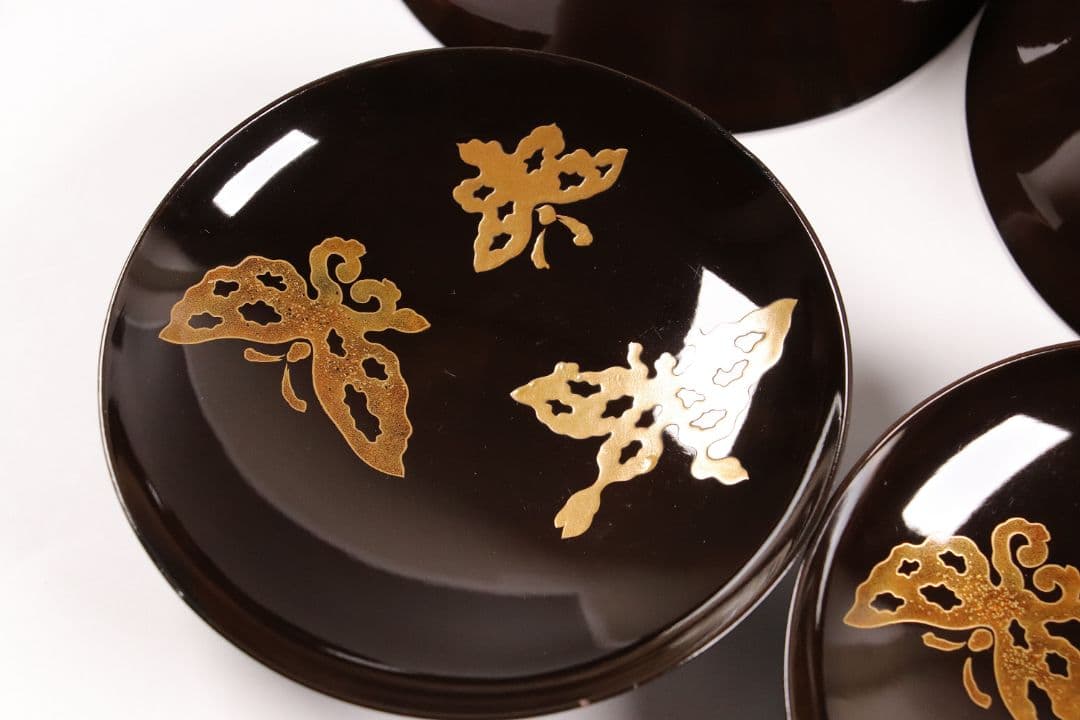 M873 時代 木製漆器 輪島塗 蝶金蒔絵 黒塗椀 二客 天然木 梨地