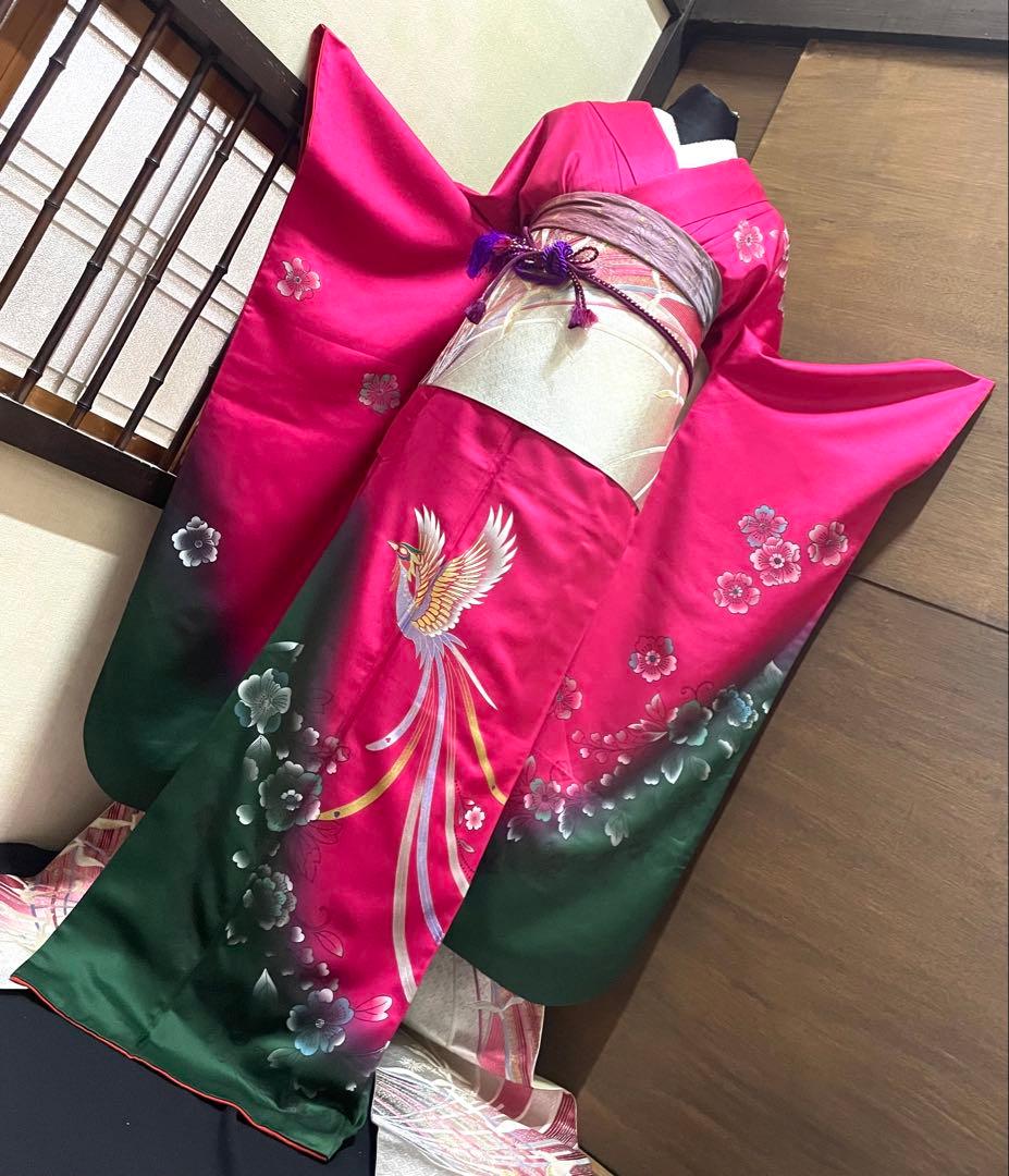 振袖 フルセット6点M〜Ｌ花鳥文　辻が花　暈し染め　金銀彩　正絹