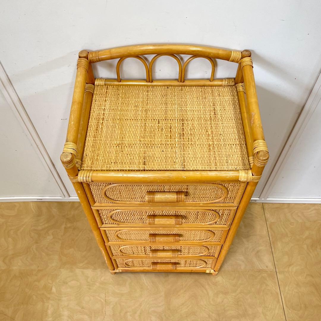 籐 ラタン 5段チェスト 引き出し 収納 タンス 電話台 スリム ビンテージ