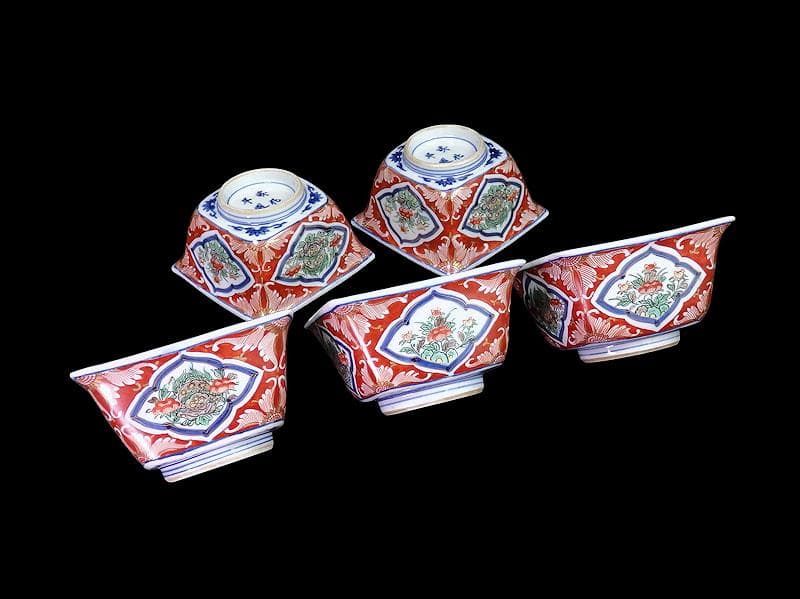 大聖寺伊万里　唐獅子牡丹の図　四方角向付　５客　N1114AS-CZy