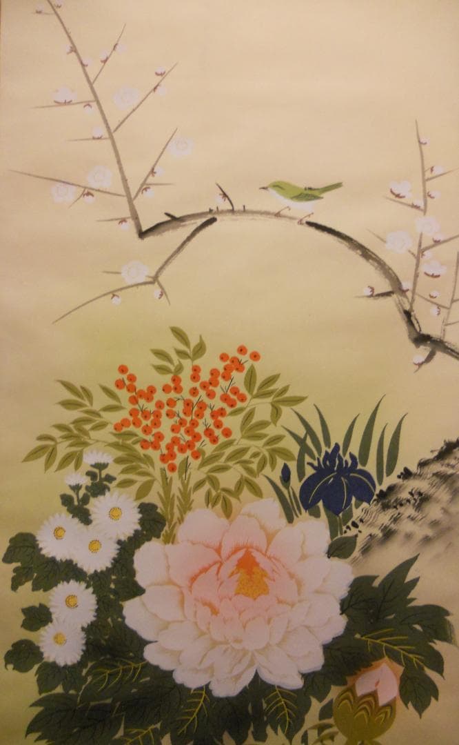 掛け軸 珠香 『 四季花 』 絹本 希少 軸装 茶道具 掛軸 美品 です。