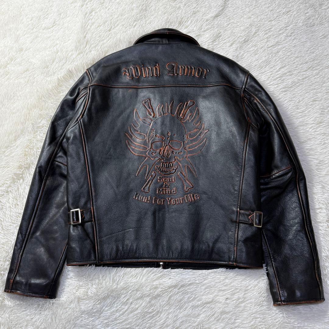 美品⭐️Wind Armor 茶芯 立体スカル&ファイヤーパターン ライダース
