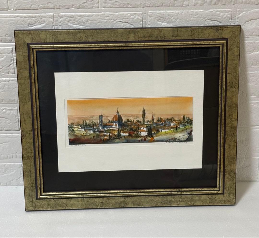 水彩画 イタリアのフィレンツェの街並 サイン入り