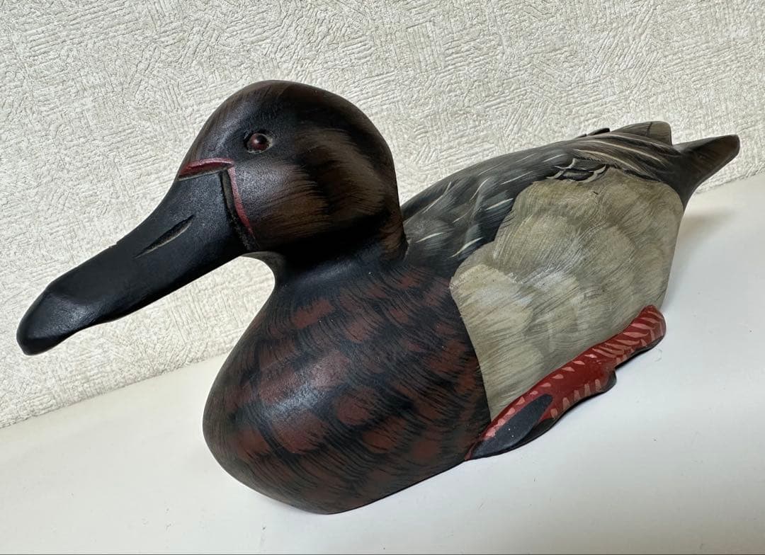 縁起物 天然木 カルガモ 鳥 木彫り置物 カモ 鴨 小鴨 水鳥 バード デコイ