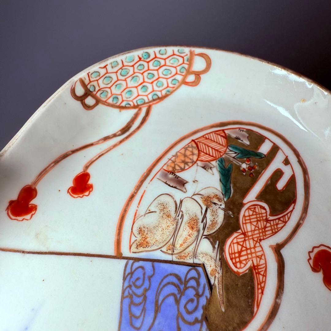 幕末～明治期　角冨　色絵扇絵変形皿　五客　裏千鳥文　金襴手　古器を楽しむ