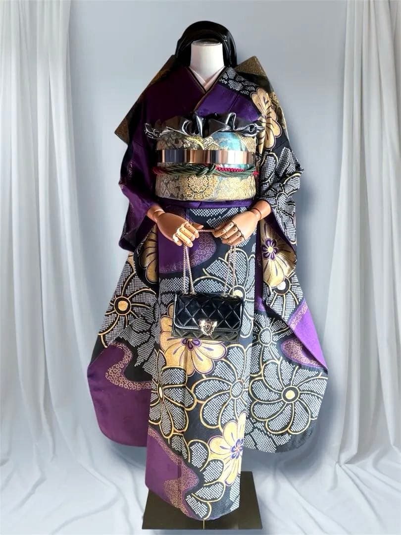 SURF様 手絞り 金駒刺繍 高貴紫 ファーショール付き 振袖 安心セット