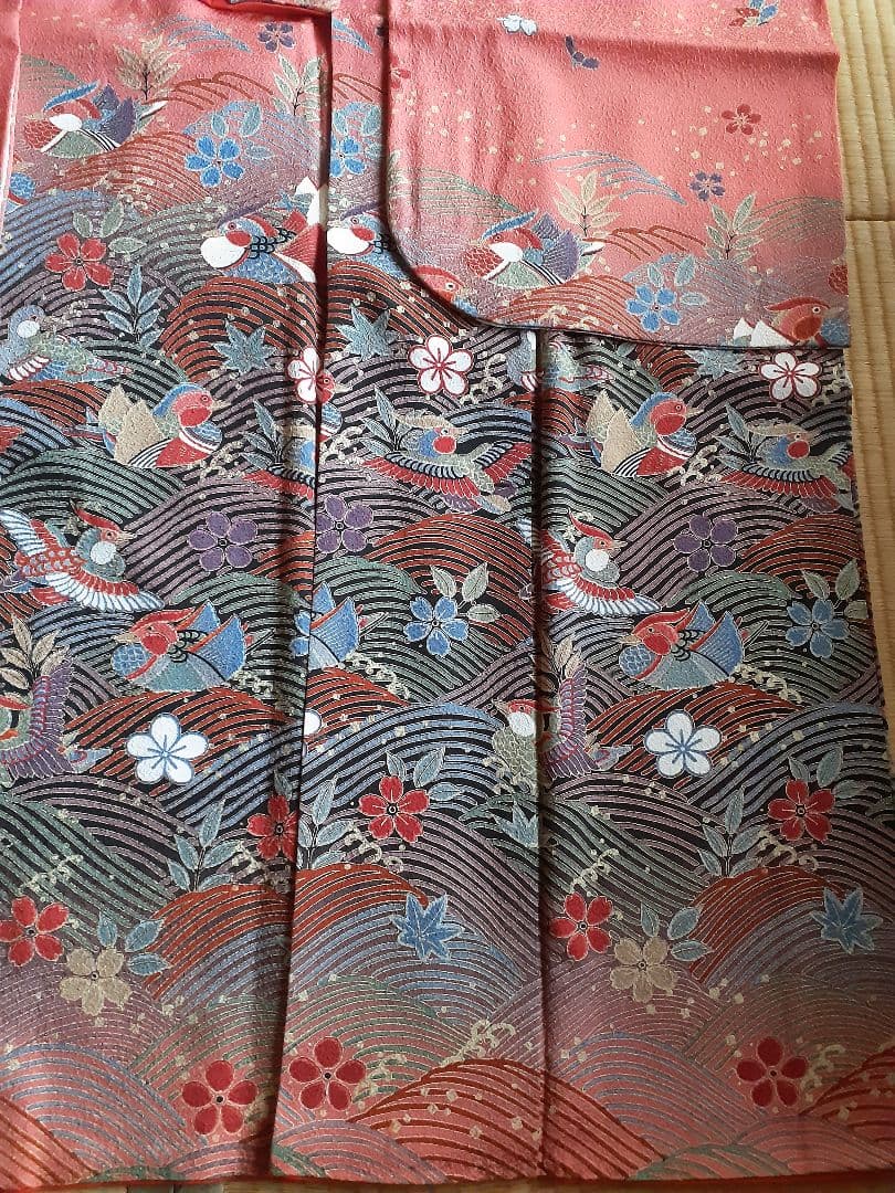 正統派 古典柄 振袖 朱赤 波文様 花鳥 身丈160 裄66