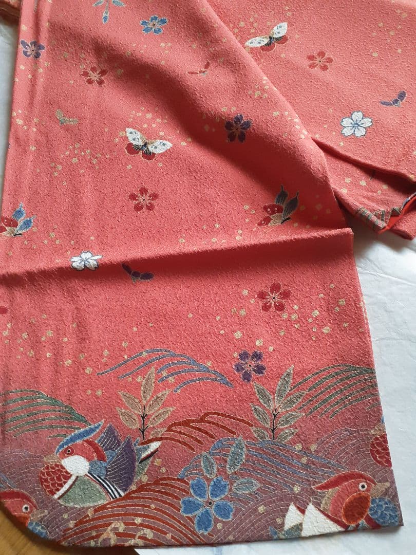 正統派 古典柄 振袖 朱赤 波文様 花鳥 身丈160 裄66