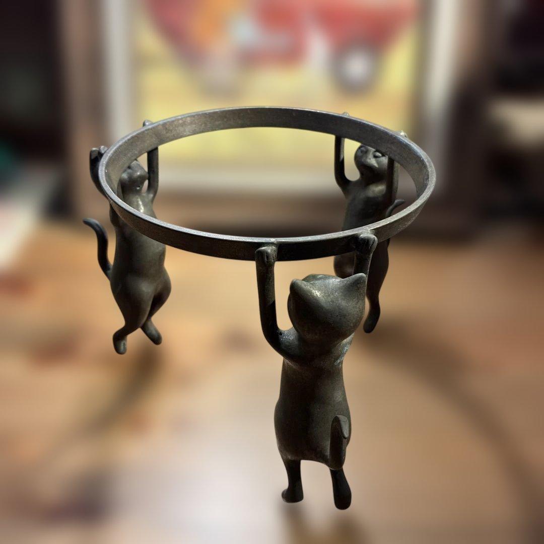 銅製 五徳 三猫 猫 火鉢 囲炉裏 茶道具 鍋置き 蓋置 金属工芸 三匹猫