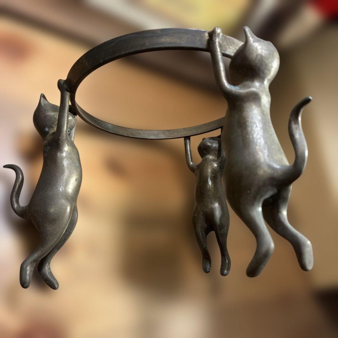 銅製 五徳 三猫 猫 火鉢 囲炉裏 茶道具 鍋置き 蓋置 金属工芸 三匹猫