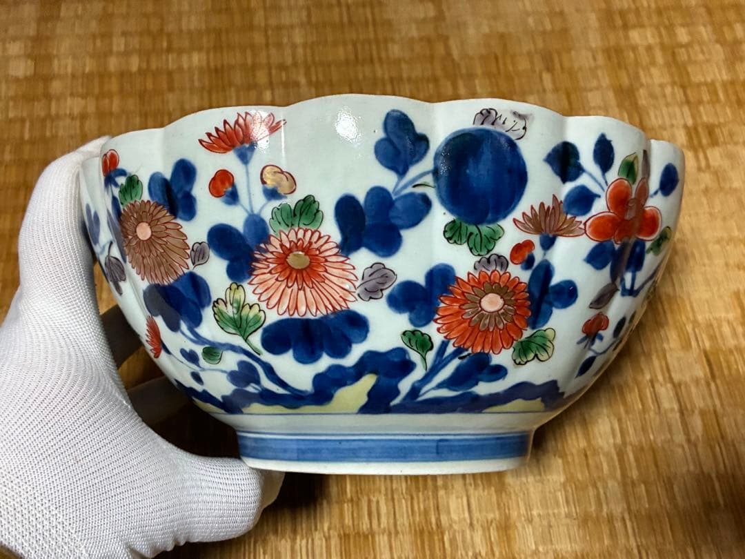 古伊万里 染付 金彩 菊紋 牡丹紋 輪花 深鉢 盛鉢 時代物