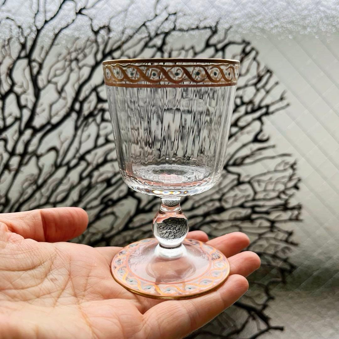 骨董　時代ガラス　モールガラス　金彩　エナメル彩　薄張り　筒型　脚付グラス　盃