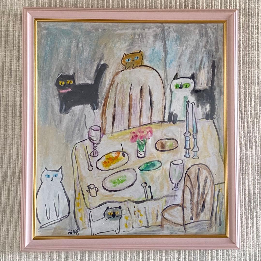 絵画 。壁掛け絵手描き【夕食の前、かわいい猫たち】