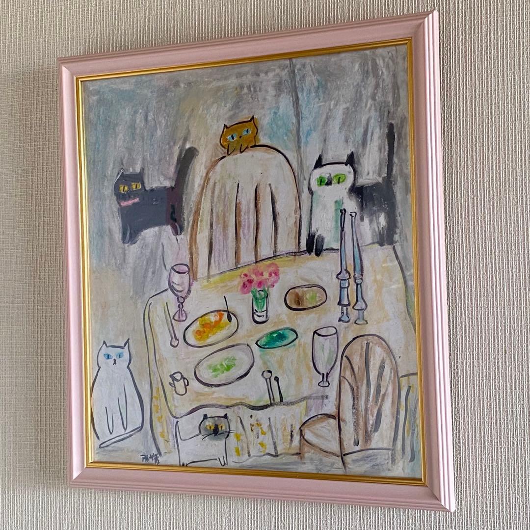 絵画 。壁掛け絵手描き【夕食の前、かわいい猫たち】