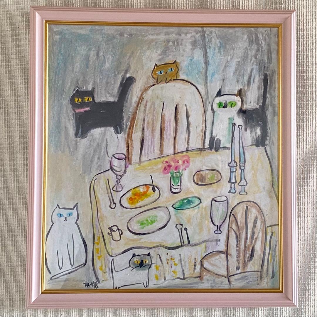 絵画 。壁掛け絵手描き【夕食の前、かわいい猫たち】