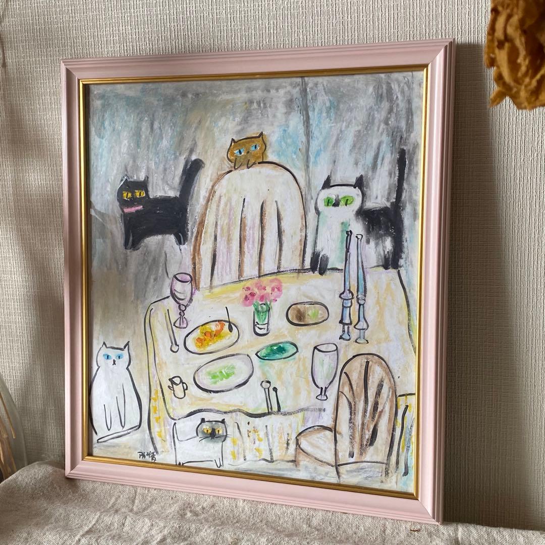 絵画 。壁掛け絵手描き【夕食の前、かわいい猫たち】