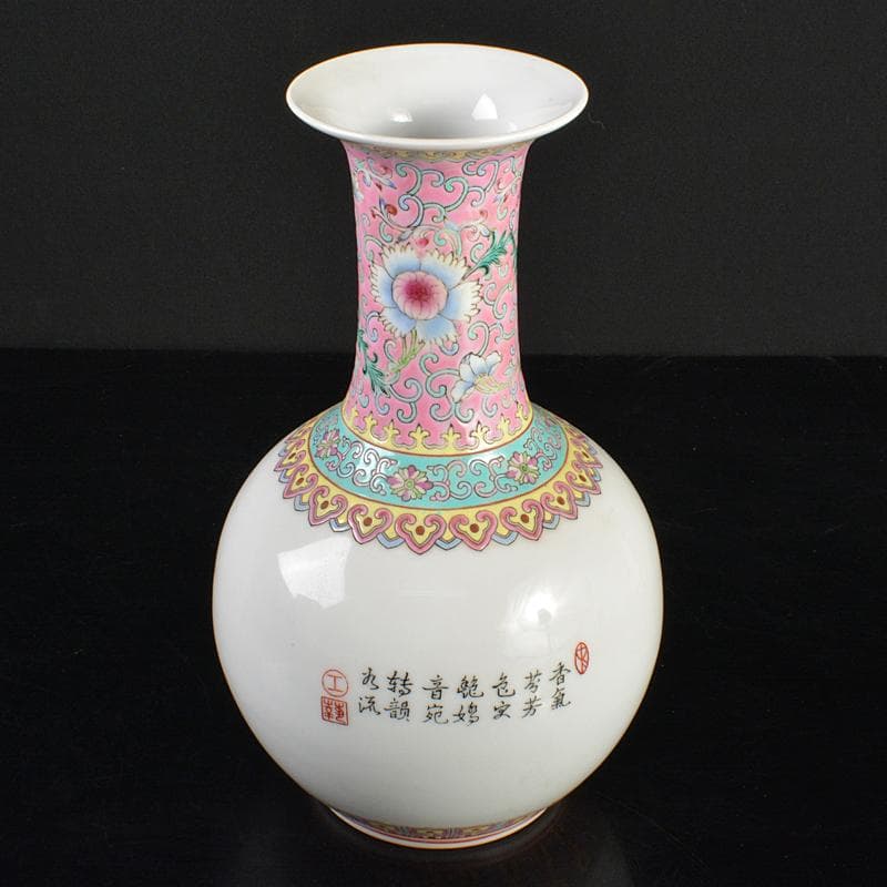 中国　中国景徳鎮製　粉彩　漢詩花鳥文　玉壷春瓶　時代箱付　M　R6427