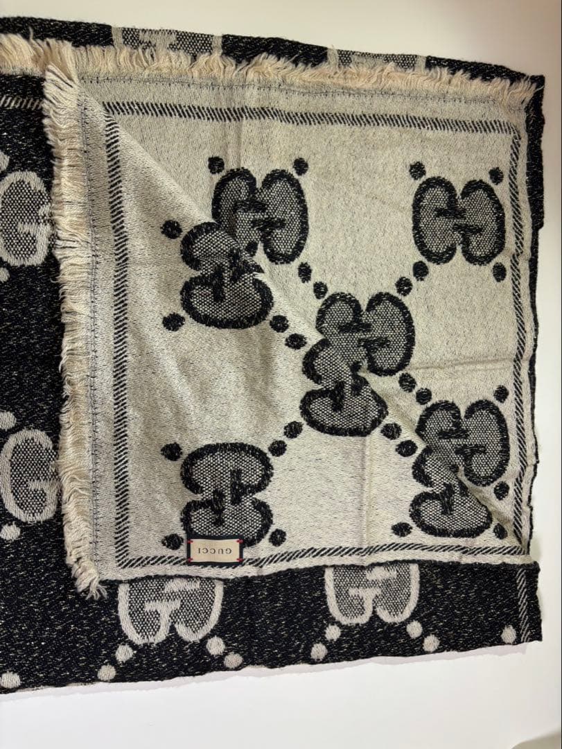 GUCCI グッチ GG柄 大判ストール ショール ブラック×アイボリー ウール