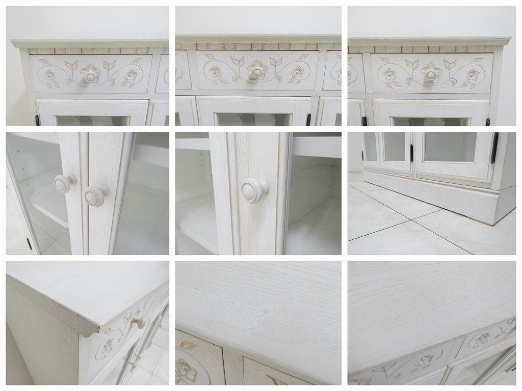 こなまる様 葉山ガーデン サイドボード 花彫刻 特注 白塗装 キャビネット食器棚