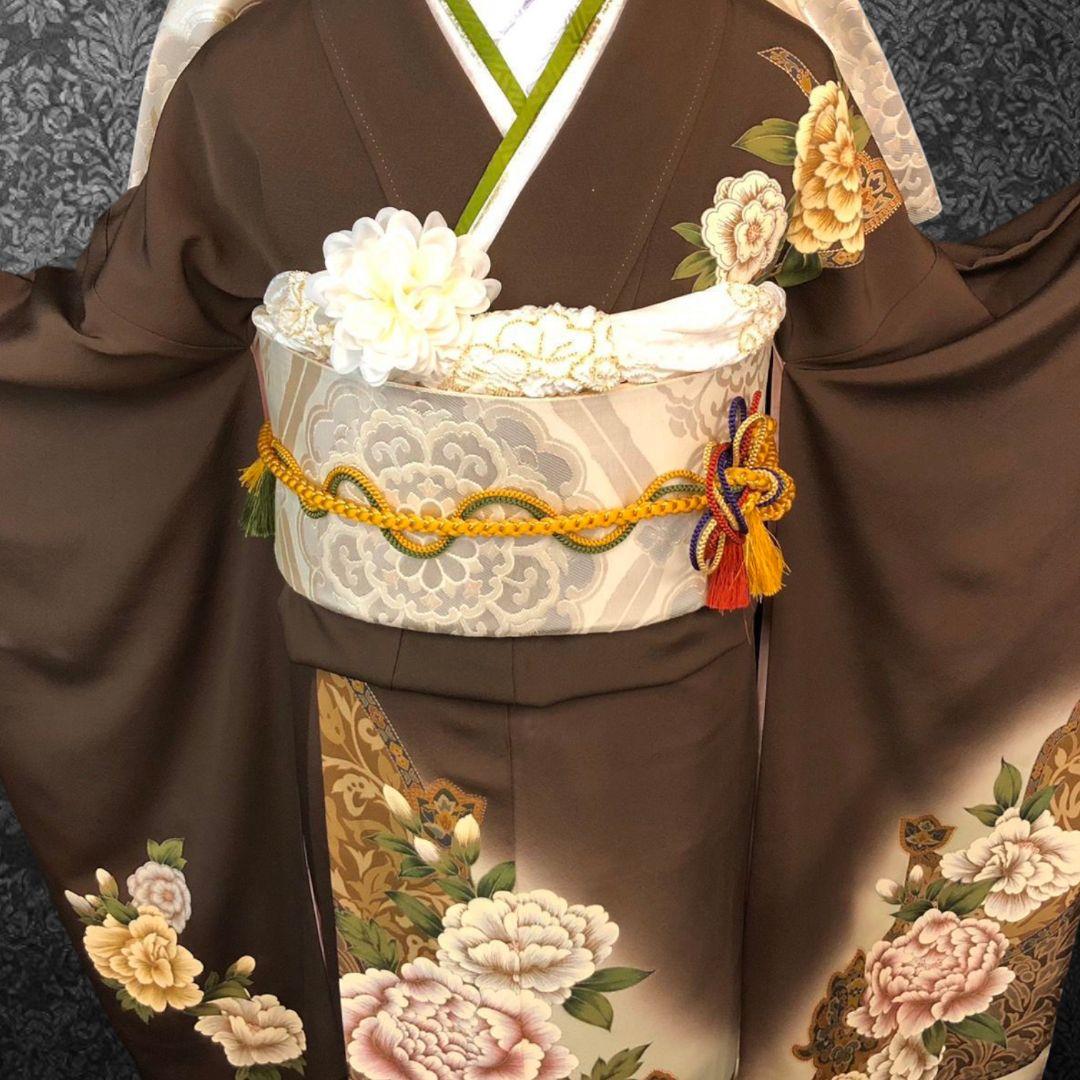 振袖フルセット(8点)・作家物・落款入り・更紗牡丹・高級縮緬・モダン・逸品