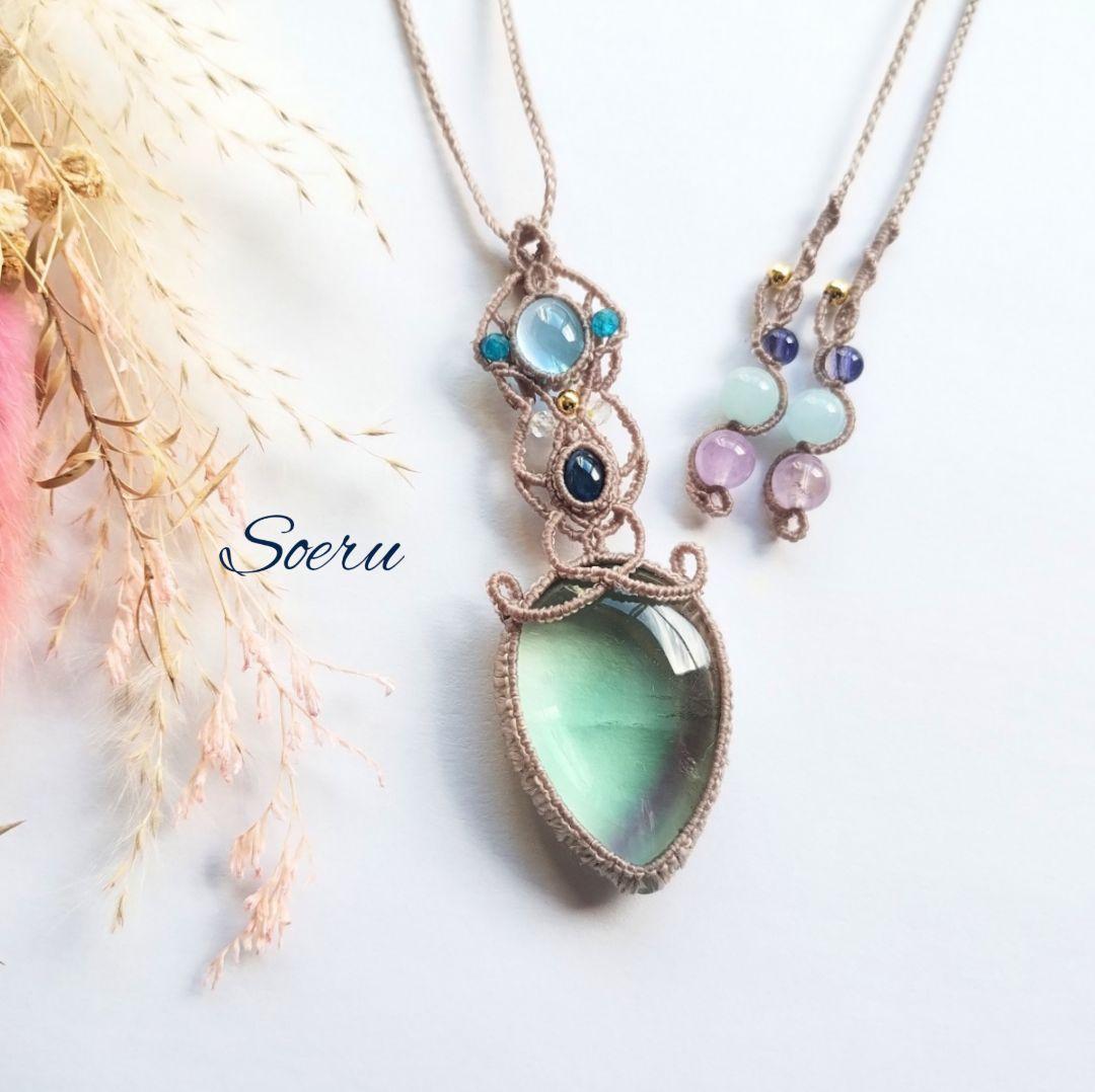 【ちーさん】マラカイト＆ガーデンクォーツのマクラメ編みネックレス他　天然石