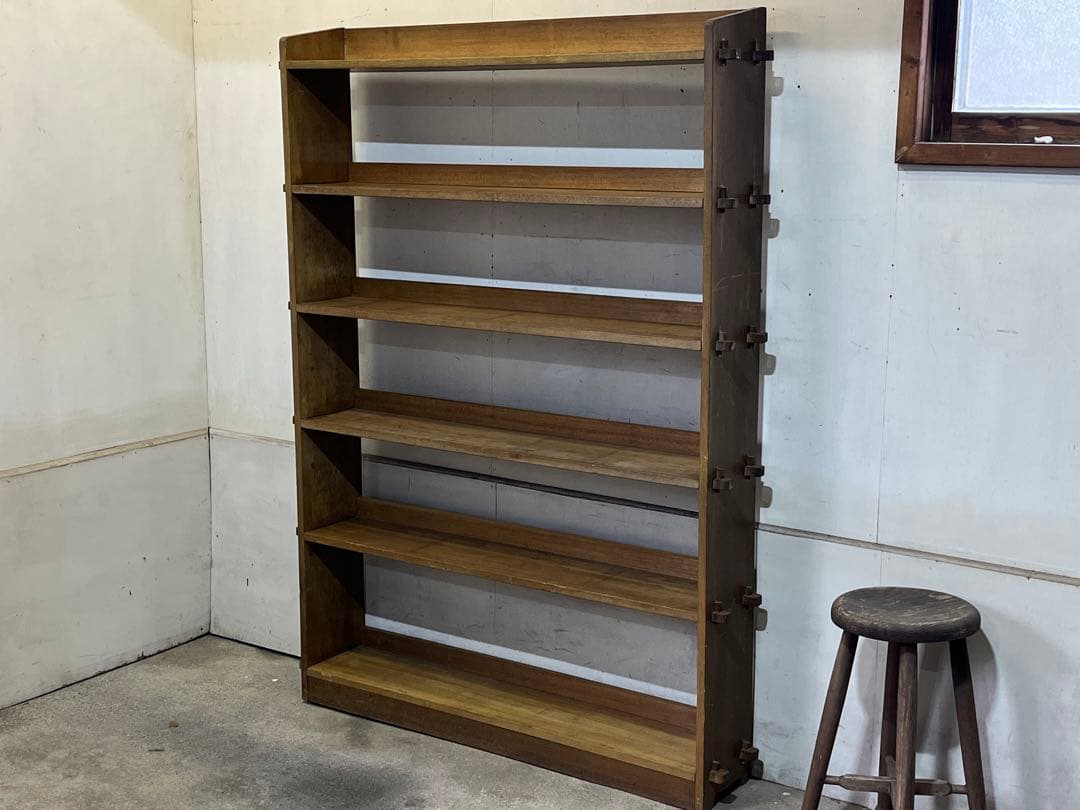 昭和の木製 大型6段薄型シェルフ 楔止 重厚 陳列棚 飾り棚