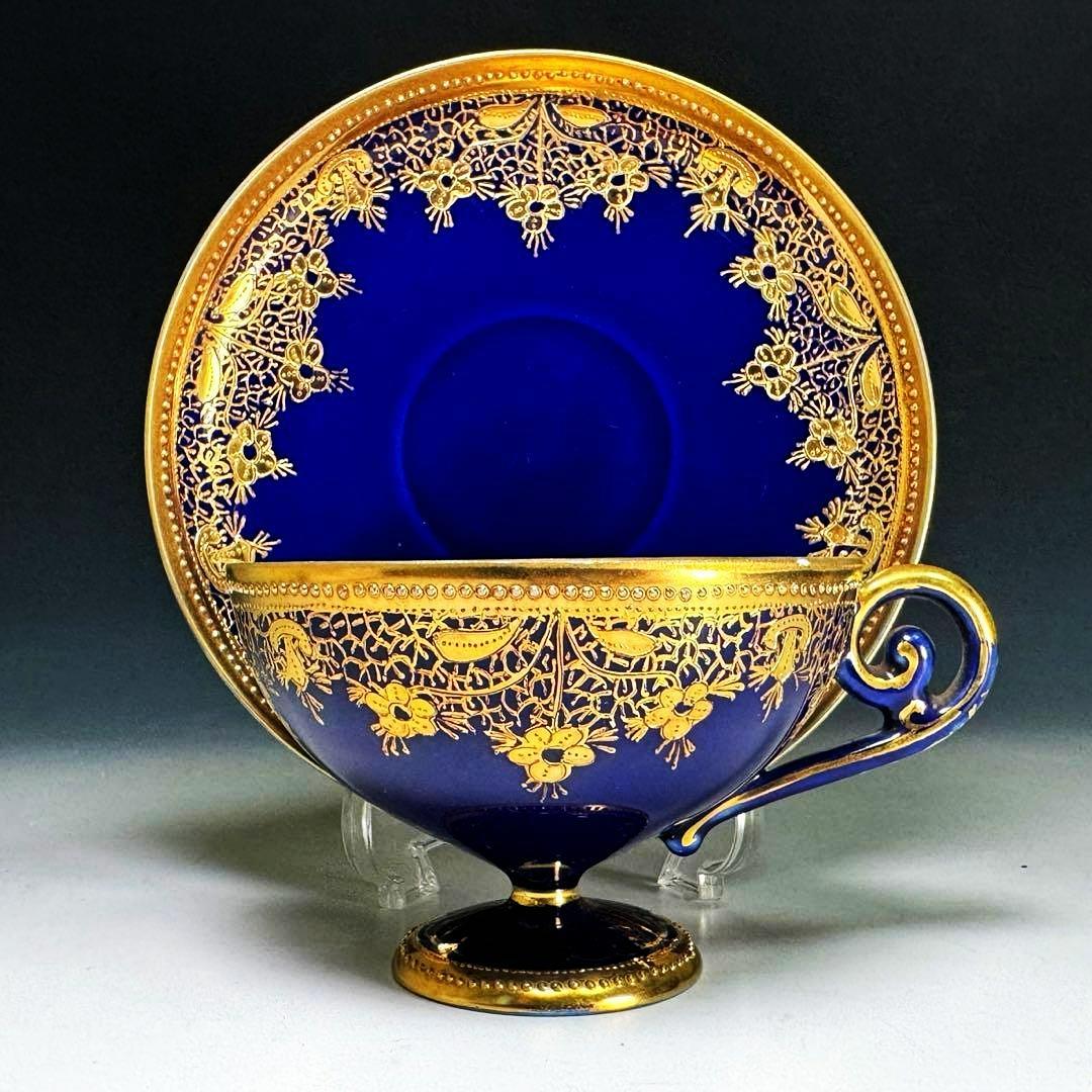 逸品■オールドノリタケ コバルト 金盛 レース装飾 ペディスタル カップソーサー