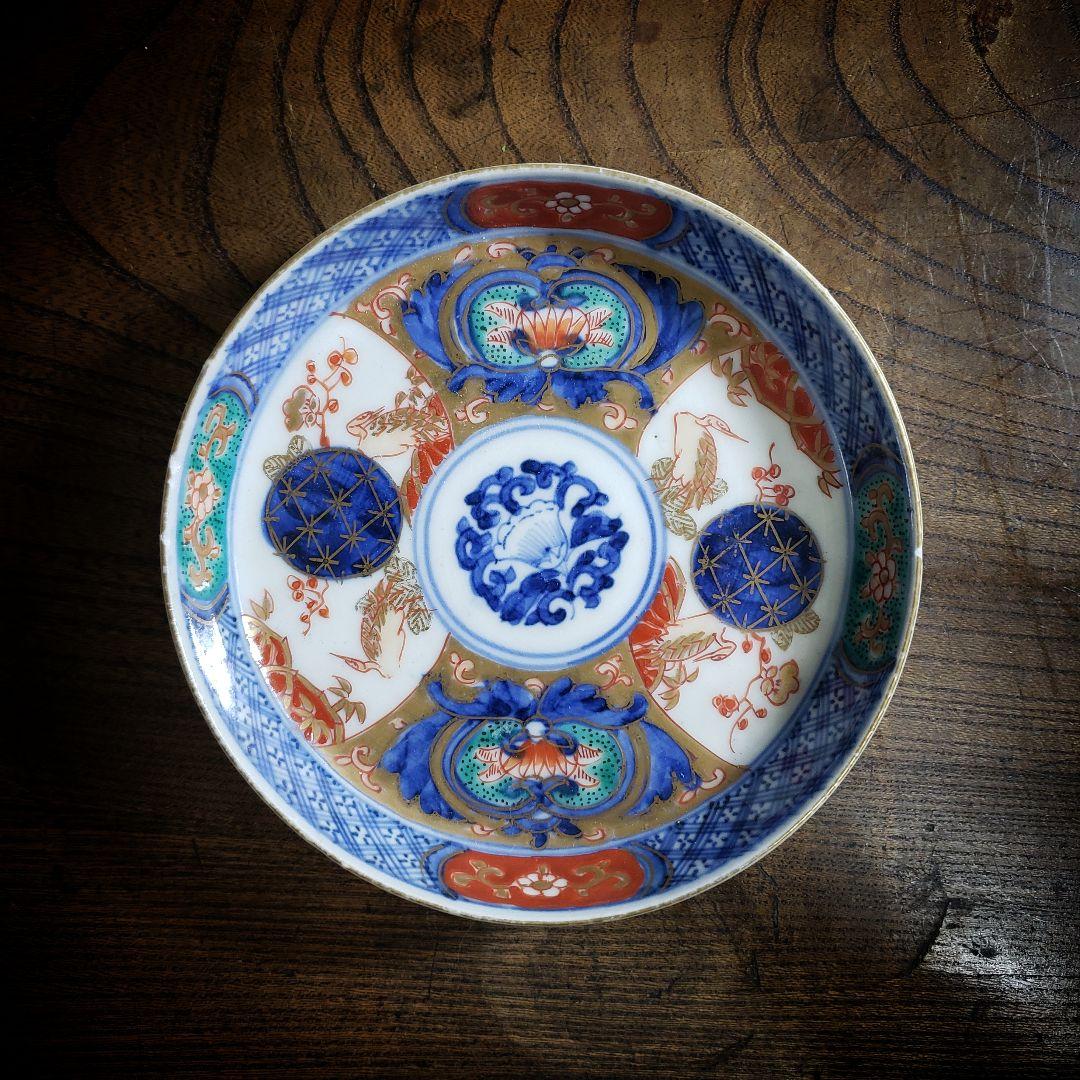 小皿　色絵付　染付　古伊万里　金彩　花唐草　鶴　四方襷文　明治　ハ号　複数縁欠け