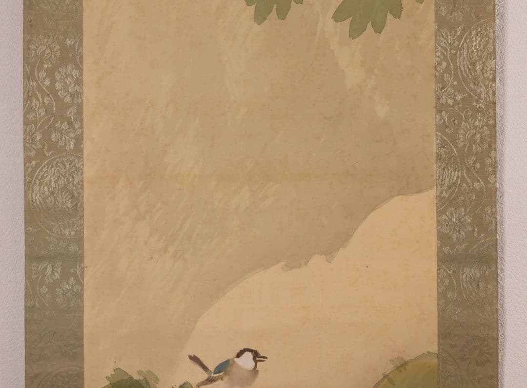 【模写】日本画 南部春邦 鳥 風景図 絹本 掛軸 彩色 明治大正 MB154