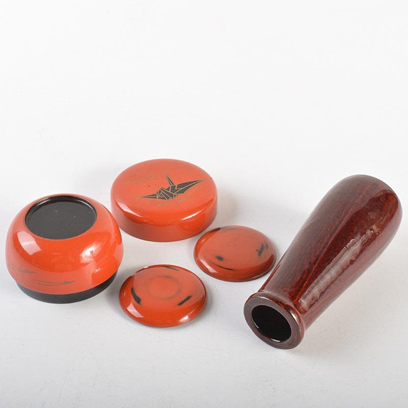 茶道具　面朱茶箱　茶碗　棗など　七点　一式　仕覆付　C　R7368