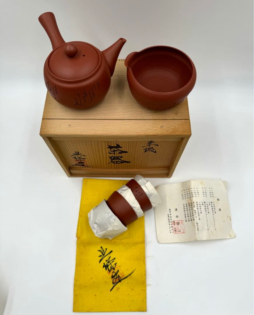 051常滑焼　清水源二　北條　朱泥茶器7点セット　新品未使用品　木箱　共布