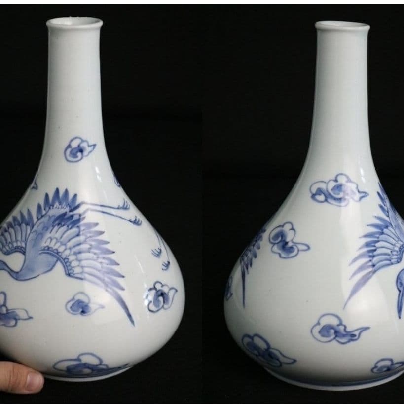 李朝染付 雲鶴長生文 徳利 壺 高22.8cm