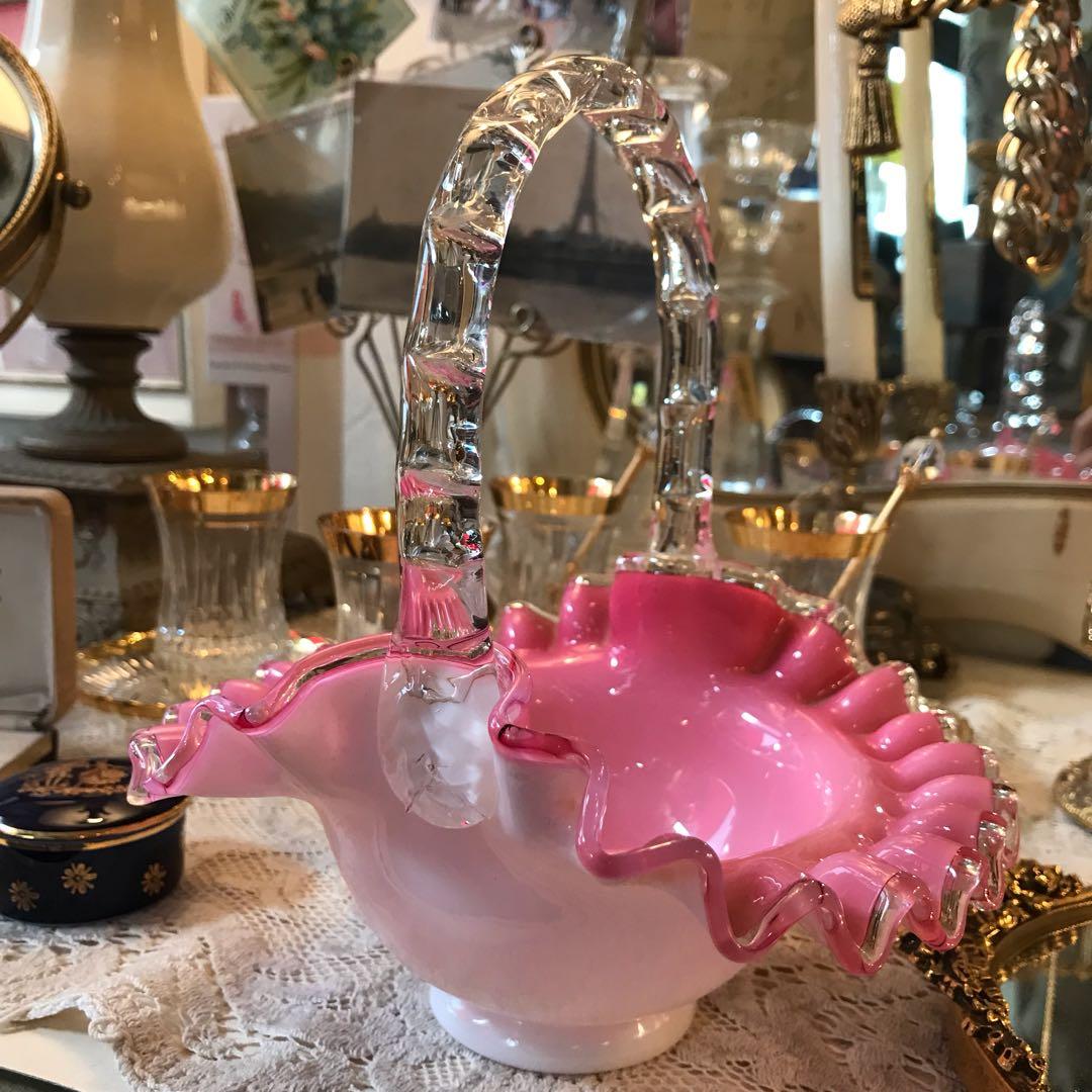 希少！フェントン ピンク色クレストバスケット アンティークfenton アメリカ