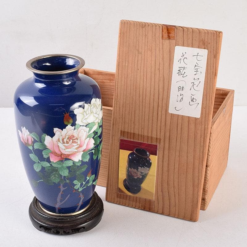 七宝焼　薔薇文　花瓶　唐木台付　時代箱　M　R9058