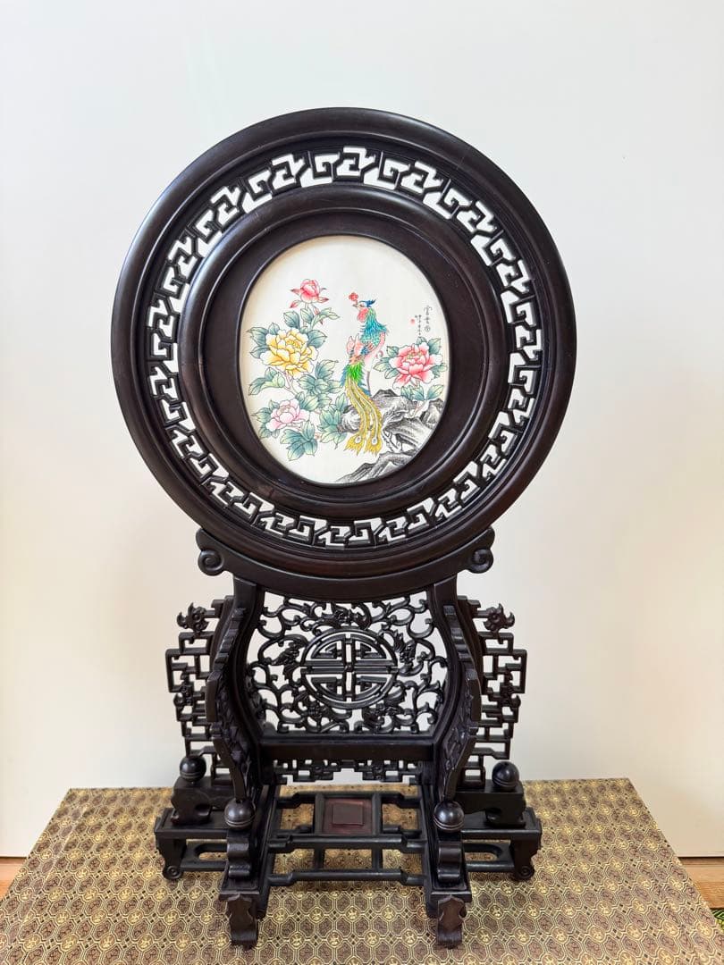 中国美術工芸品 木彫透かし屏風 花鳥図 高43cm 幅24cm 台座・箱付