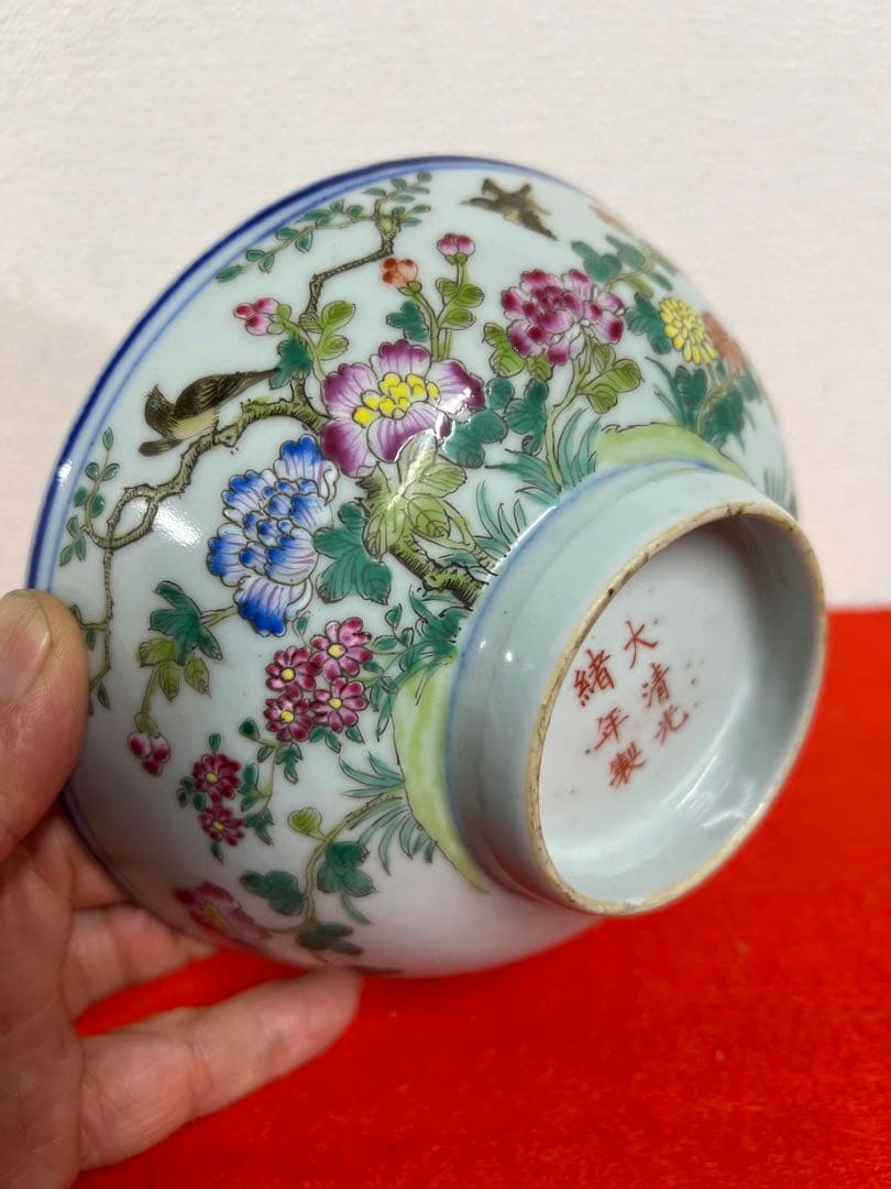 【倉庫整理品】中国古美術　清時代五彩花卉文茶碗【大清光緒年製】在銘/BL:0-7