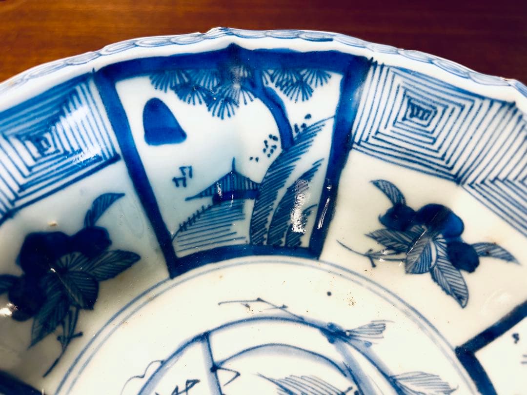 江戸期　古染付芙蓉手　間取山水　深鉢