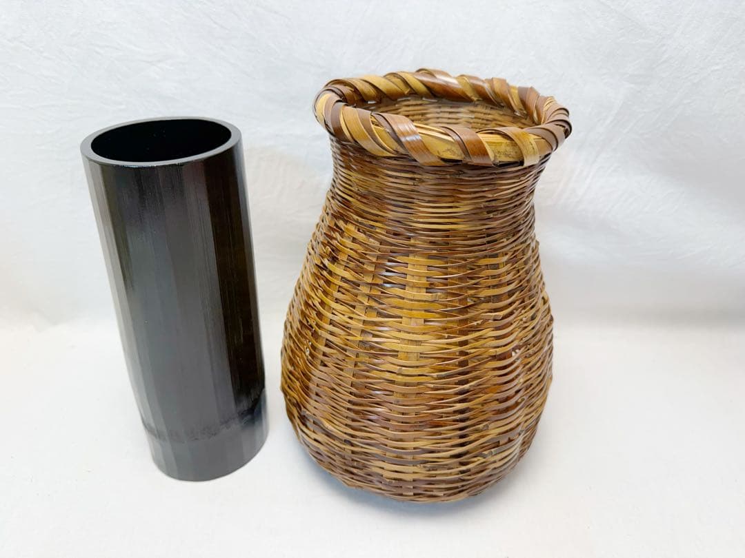 未使用 茶道具 轡 昭竹斎作 竹花入 花籠 竹おとし付き 刻印 茶室 元箱