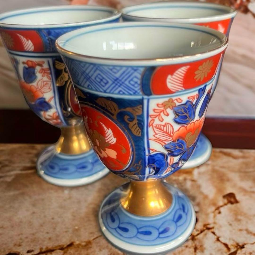 【美品】アンティーク 骨董⭐️古伊万里 猪口 色絵付け／3客 カラフル 花