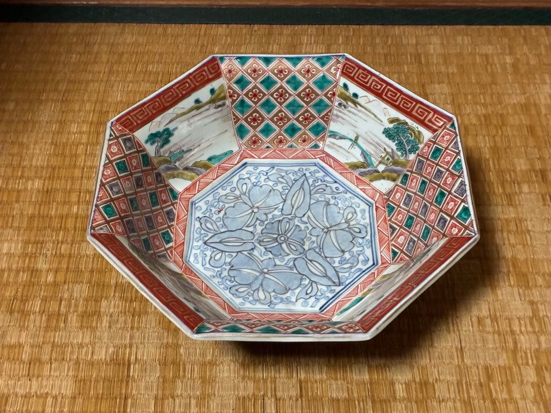 古伊万里 色絵 金彩 風景紋 八角鉢 盛鉢 時代物