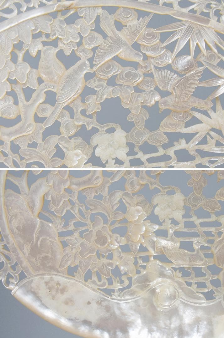 【貝】　★ 文房 貝彫花鳥図擺件 ★　清朝期　竹 牡丹 喜鵲 彫刻文様　雅玩雑項