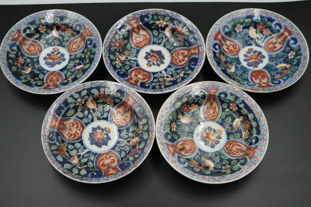 古伊万里　里帰り　元禄享保染錦皿　五客　磁貫アリ