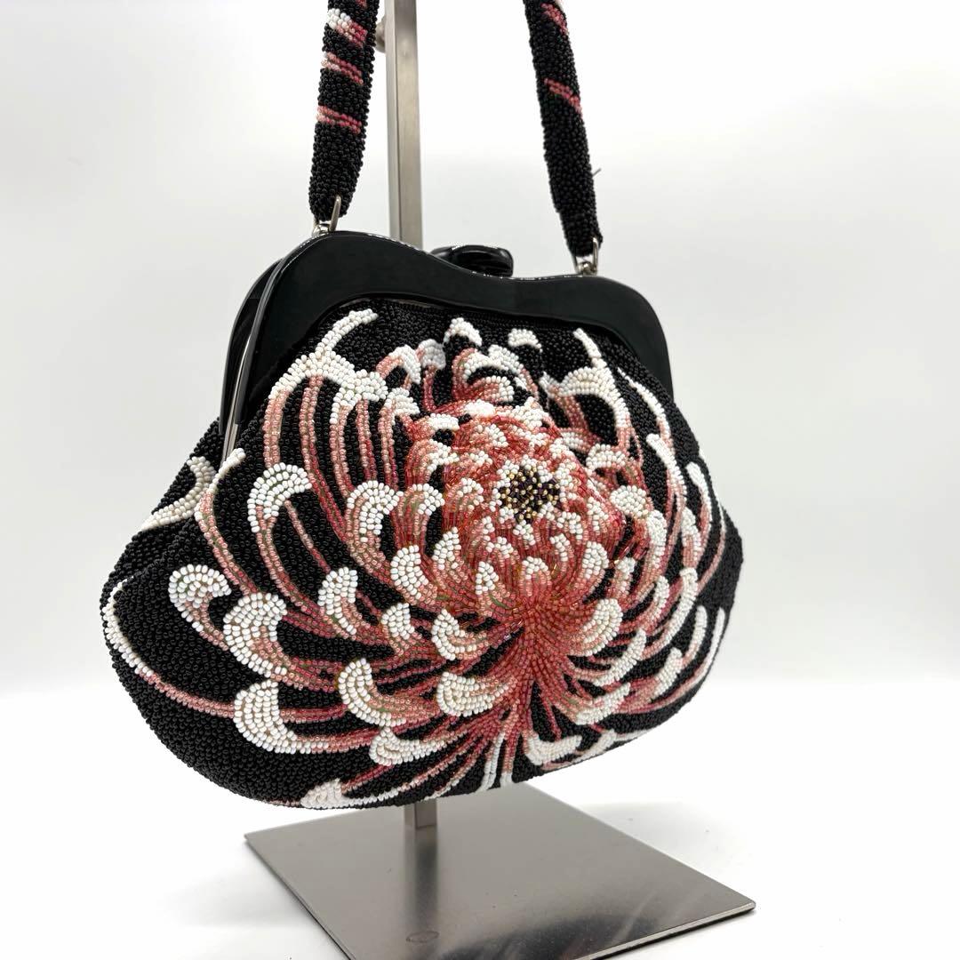1570 総ビーズ ハンドバッグ 乱菊 黒地 昭和レトロ 和装小物 成人式