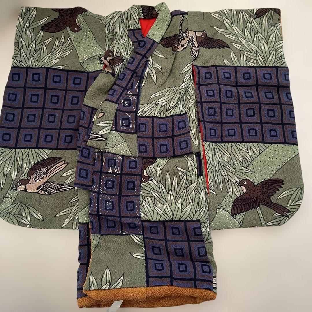 古布縮緬　人形の着物　13号　雀　竹　男の子　103106