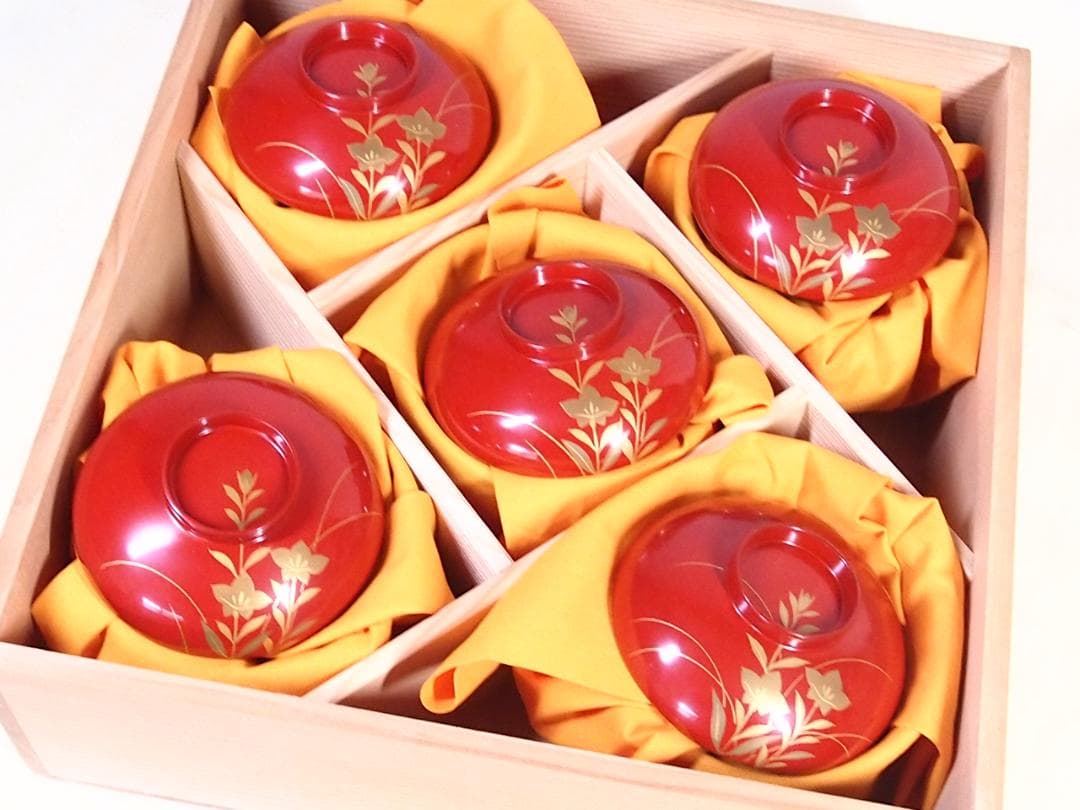 【美品】輪島塗 西久保田漆器店 桔梗蒔絵 小吸物椀 5客 瓢型/朱塗 漆器/食器