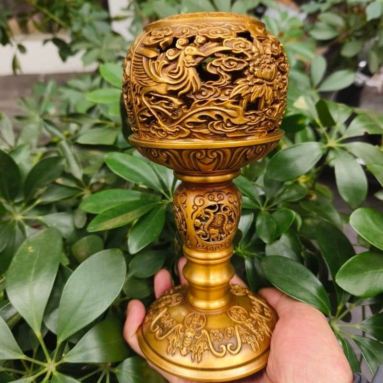 銅製 透かし彫り双鳳香炉 灯籠薫香炉 香道具 装飾品 工芸品 置物